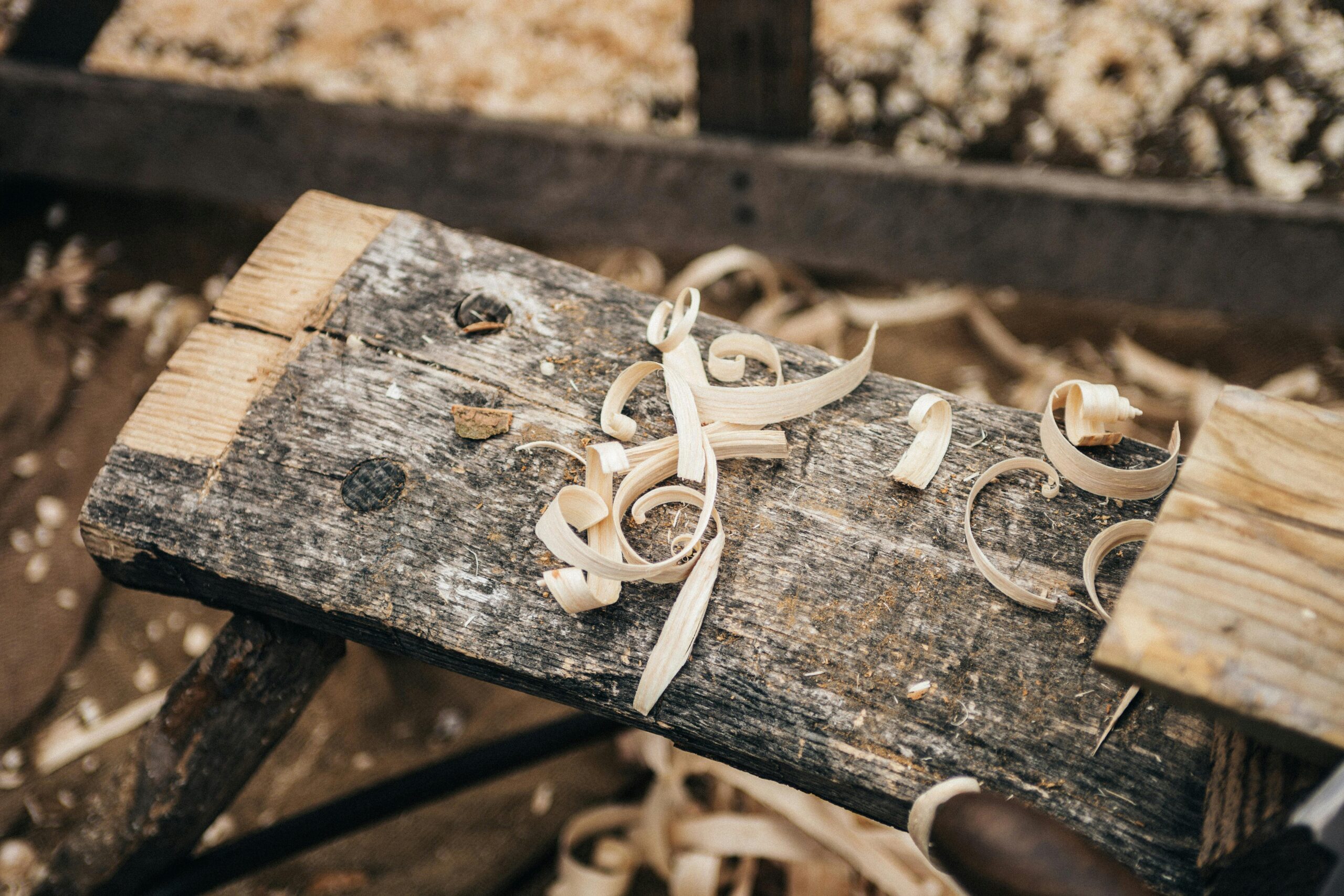 Wood shavings on a craftsperson’s workbench