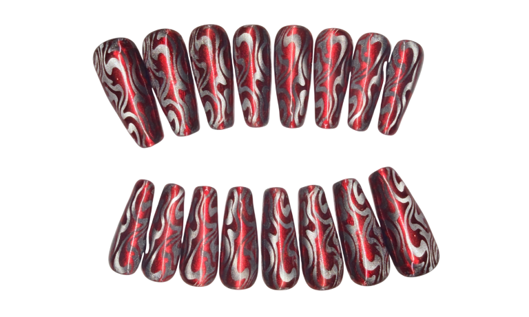 Press On Nails - Silver & Red Cat Eye