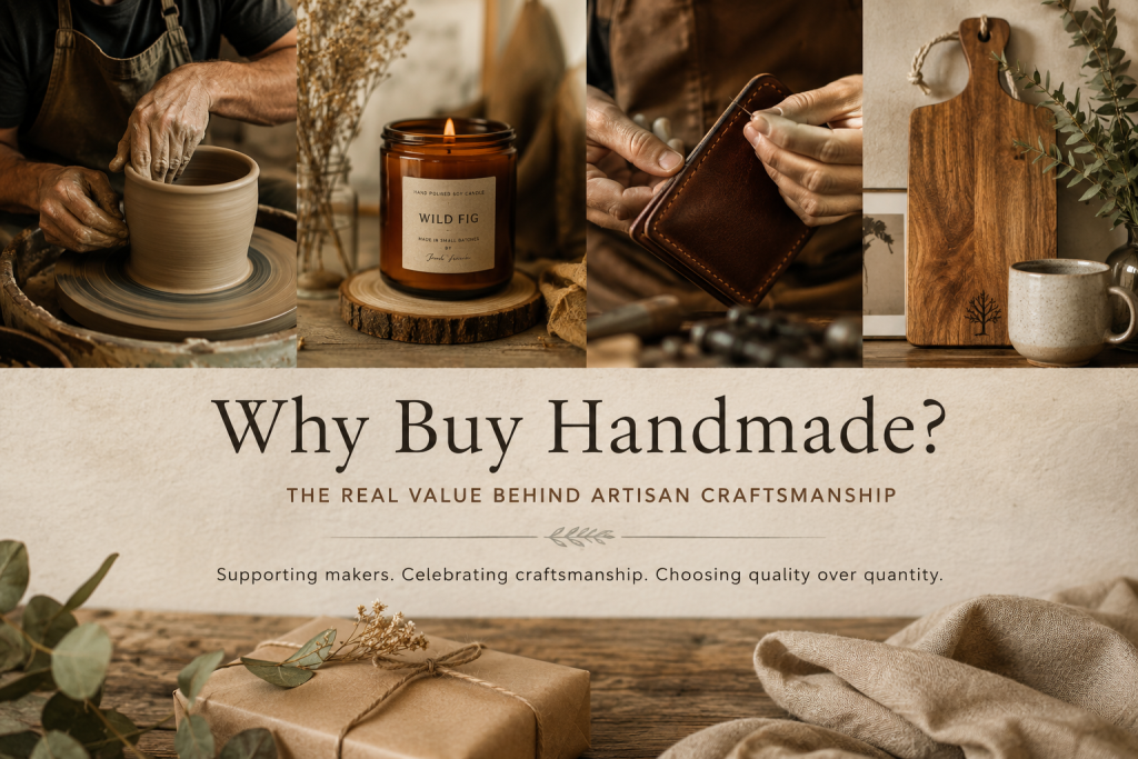 Artisan handmade craftsmanship including pottery, leatherwork and candles