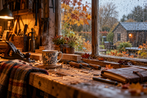 A steaming cup of tea on a rustic woodworking bench beside a rain-covered window, overlooking a colourful autumn garden, with traditional hand tools and warm workshop lighting.